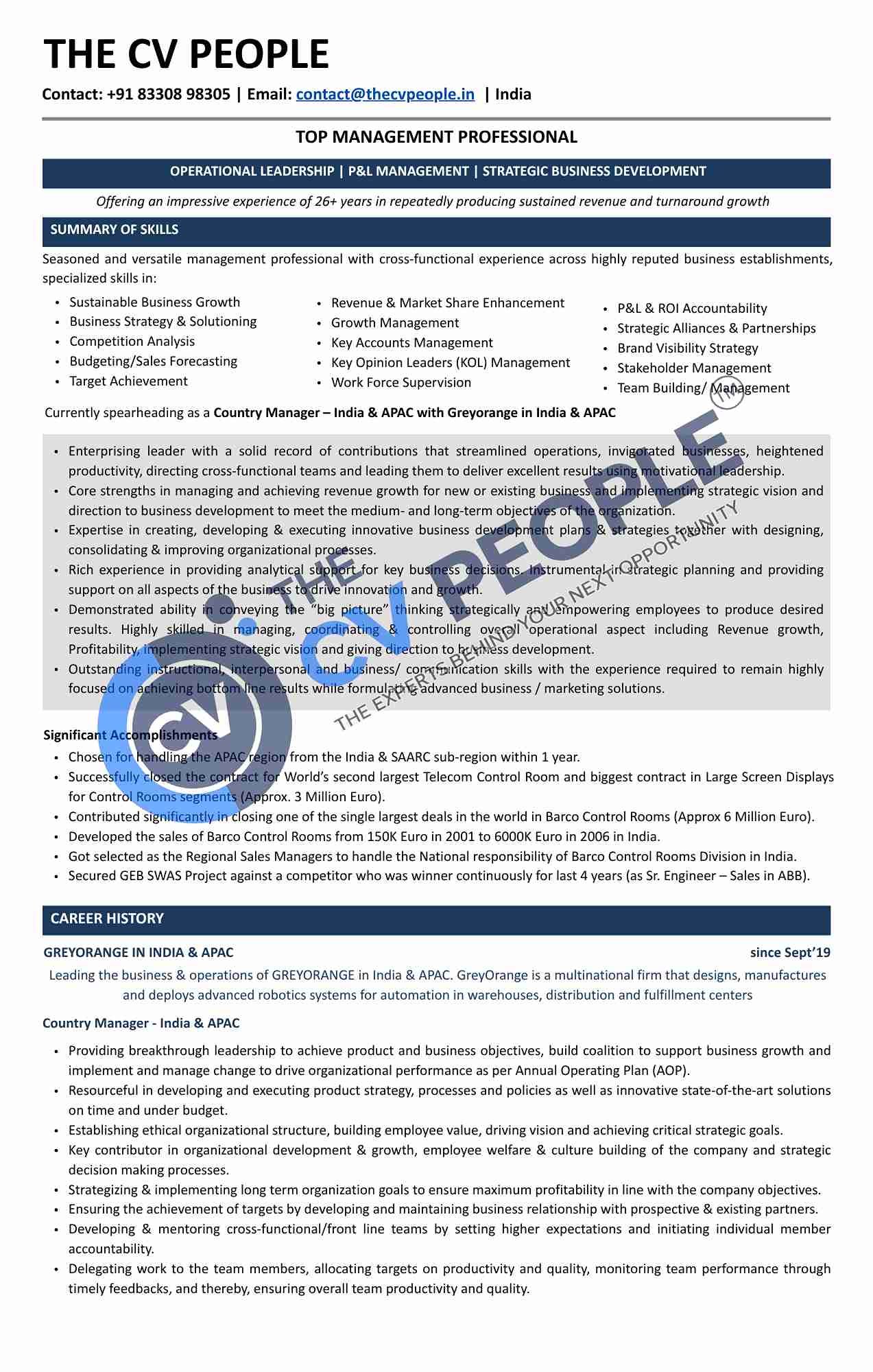 Executive CV leadership positioning for senior C-level professional
