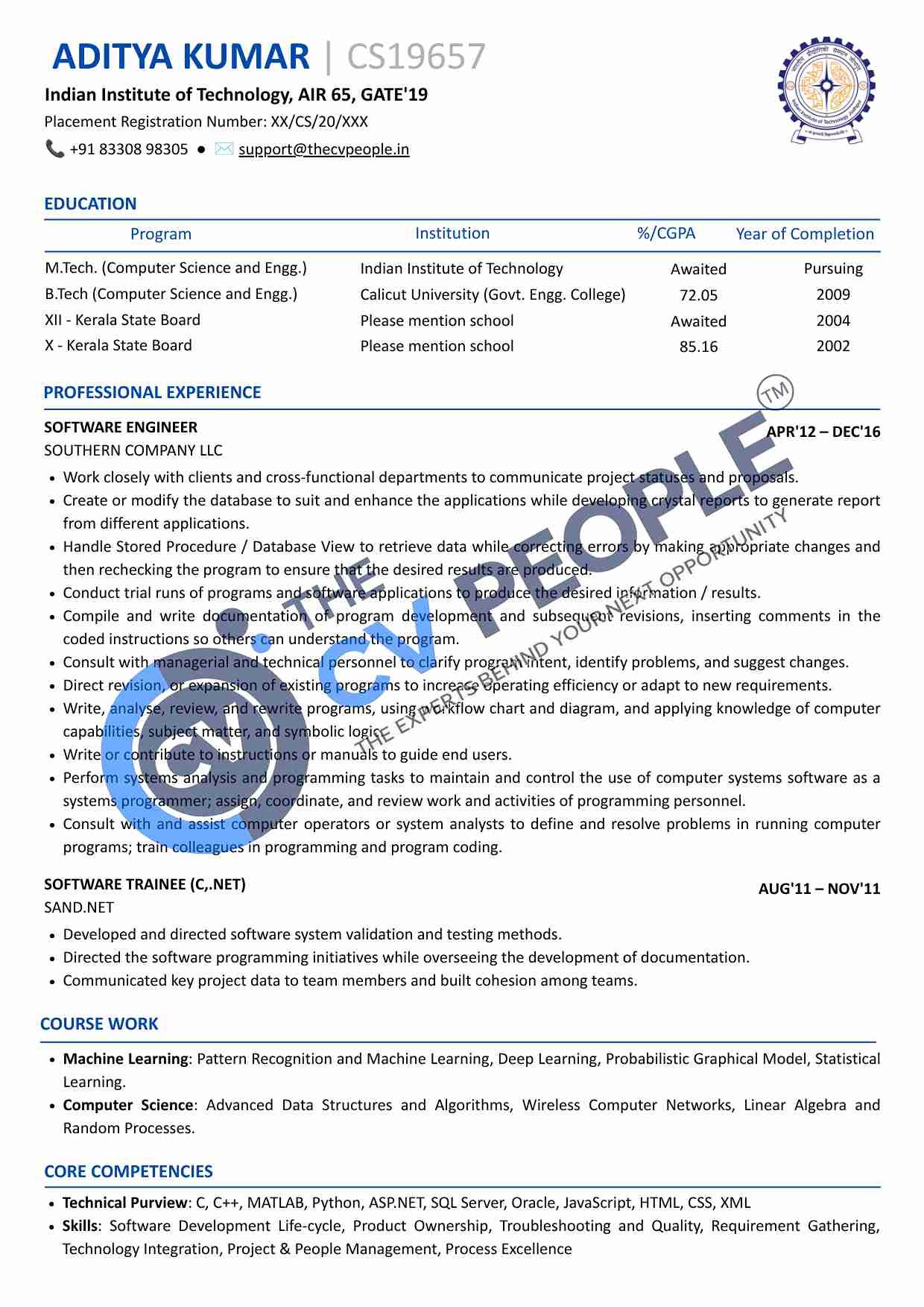 Graduate fresher academic placement CV sample